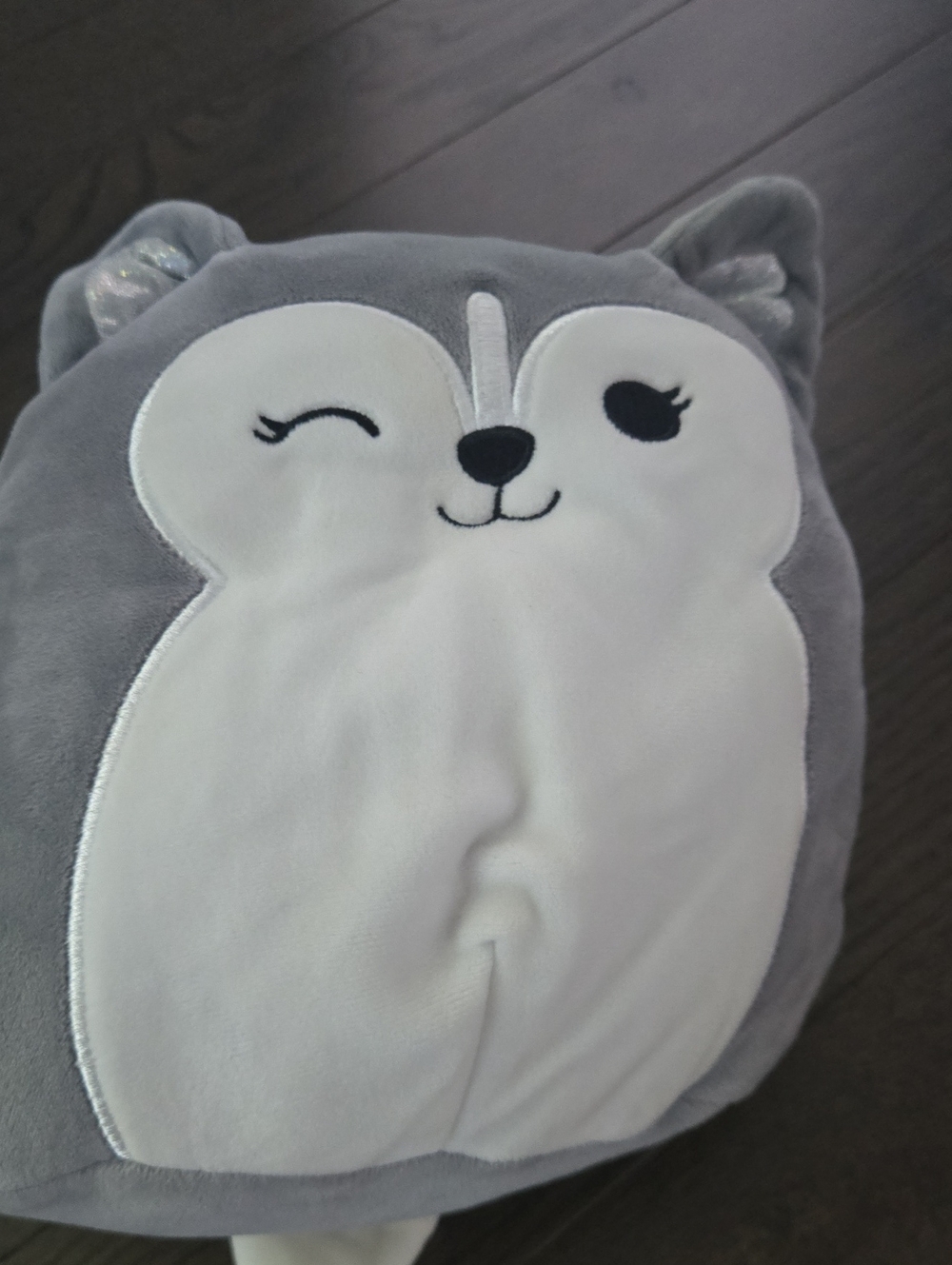 Gray and White Plush Kids Pillow - Cute Winking Animal